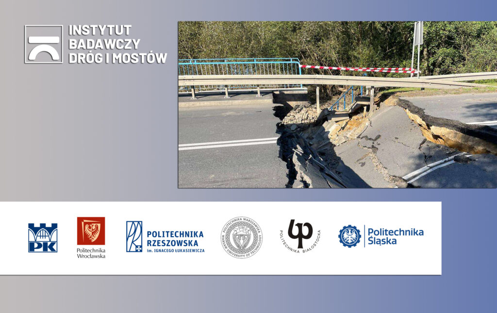 Grafika informacyjna do aktualności - IBDiM ocenia infrastrukturę drogową na terenach dotkniętych powodziami!