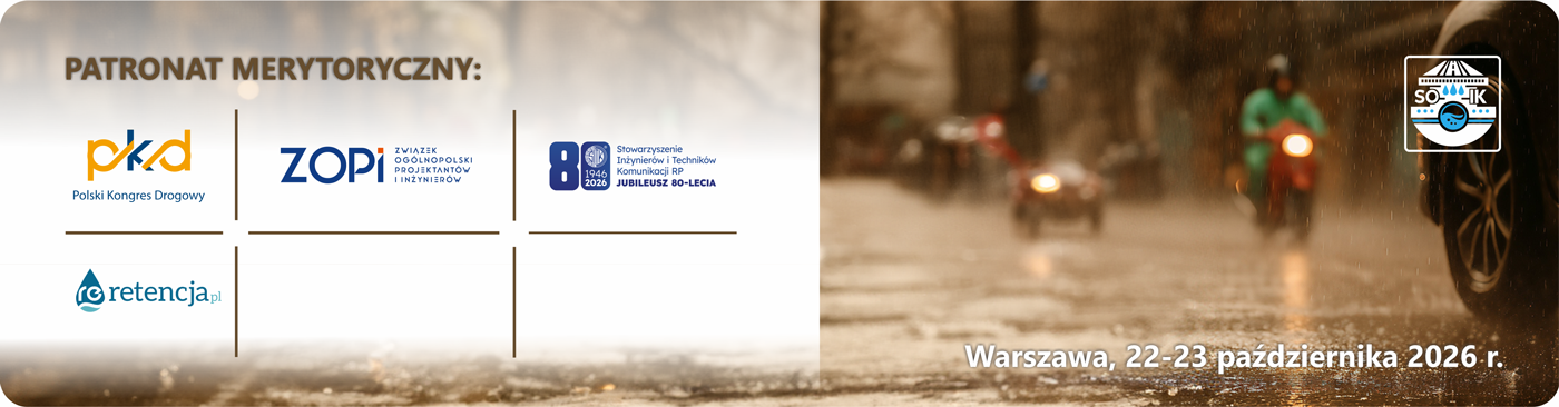 Baner konferencji SOIK 2026 - po prawej stronie umieszczone logo konferencji, po pomeczowo granowe logo patrona merytorycznego Polskiego Kongresu Drogowego, ZOPI, SITK i Retaencja.pl w tle widoczna droga z widocznym kołem samochodu w takcie padającego deszczu