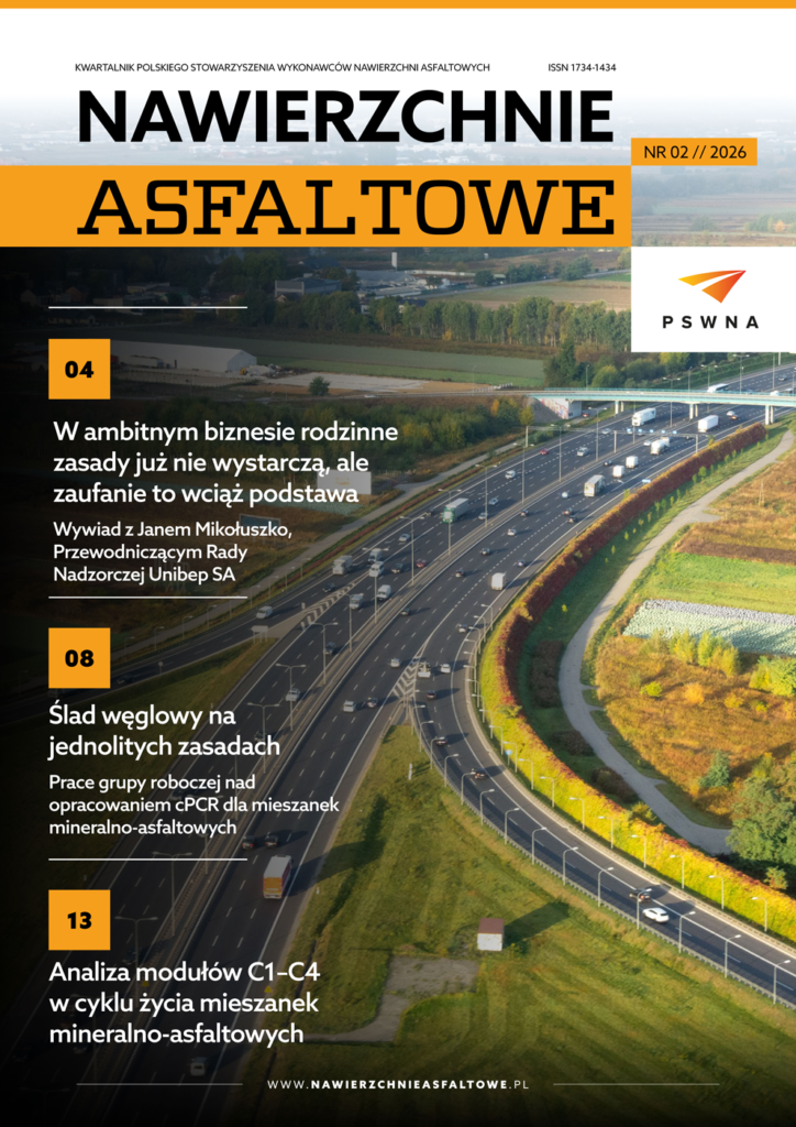 Okładka kwartalnika Nawierzchnie Drogowe, na okładce widać węzeł drogowy z poruszającymi się samochodami
